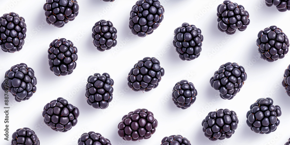 A background of blackberries, each with its shadow, scattered across the canvas in an elegant display, with soft shadows on a white background A background of blackberries, each with its shadow, scattered across the canvas in an elegant display, with soft shadows on a white background