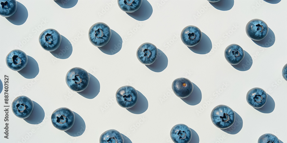A background of blueberries, each with its shadow, scattered across the canvas in an elegant display, with soft shadows on a white background A background of blueberries, each with its shadow, scattered across the canvas in an elegant display, with soft shadows on a white background