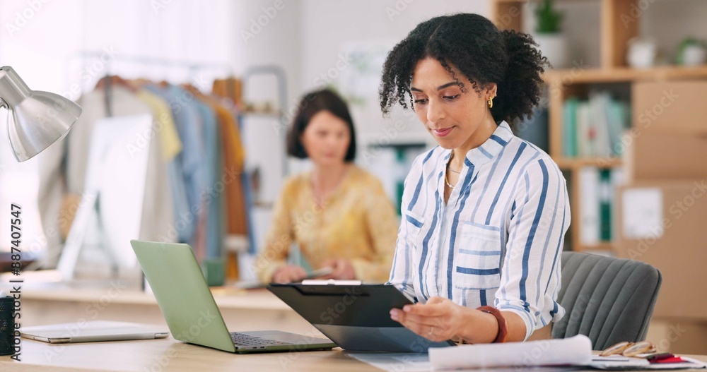 Laptop, checklist and smile for sales, woman and small business of ecommerce, entrepreneur and online. Desk, startup and person with clipboard in office, storage and tablet for fashion designer Laptop, checklist and smile for sales, woman and small business of ecommerce, entrepreneur and online. Desk, startup and person with clipboard in office, storage and tablet for fashion designer