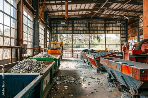 Facility's metal recycling section, with shiny, sorted metal pieces, brightly painted machinery, and large windows letting in natural light 