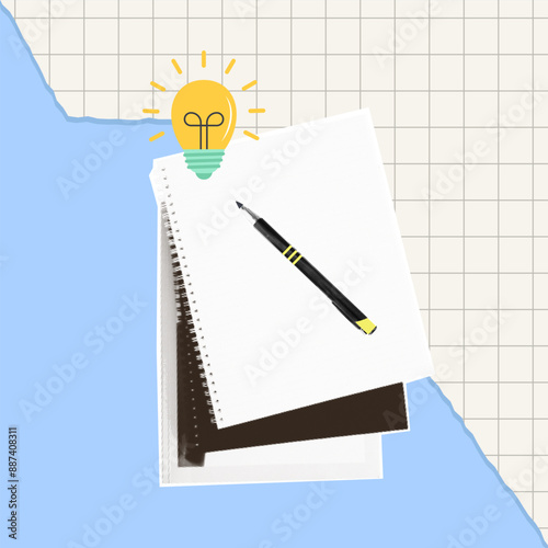 A creative halftone collage illustration of bright lightbulb and notebook with pen.  Trendy composition on torn paper grid background.