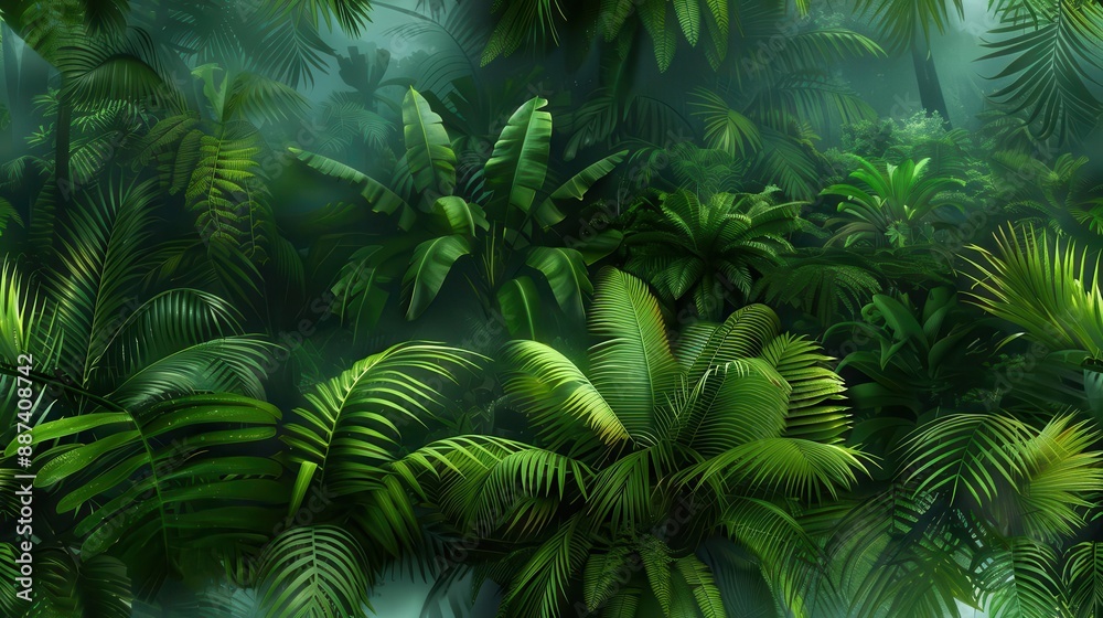 Fototapeta premium A lush, green jungle with thick foliage and a hazy atmosphere. The dense vegetation creates a mysterious and immersive scene.