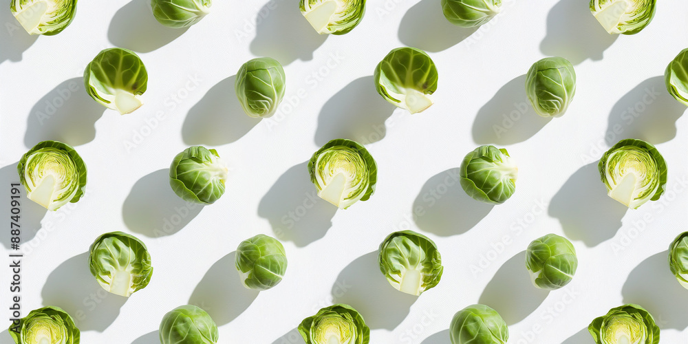 A background of Brussels sprouts, each with its shadow, scattered across the canvas in an elegant display, with soft shadows on a white background A background of Brussels sprouts, each with its shadow, scattered across the canvas in an elegant display, with soft shadows on a white background