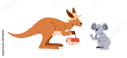 Kangaroo and koala bear, cute funny animal characters talking. Happy anthropo...