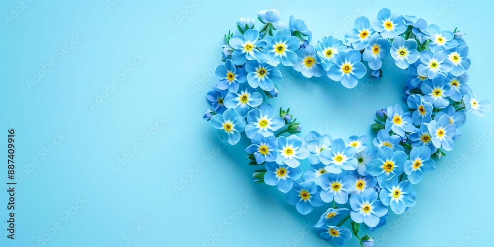 Obraz premium Forget-me-nots arranged in heart shape on sky blue solid color background with copy space 
