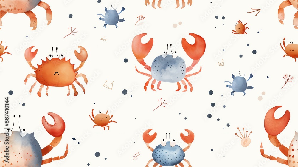 Cute watercolor crabs seamless pattern with various smiling crabs in blue, orange, and red on a white background. Perfect for kids' designs. Cute watercolor crabs seamless pattern with various smiling crabs in blue, orange, and red on a white background. Perfect for kids' designs.