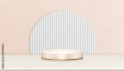 Background Studio,3d Display Room Corrugated texture with light shadow on Cylinder Podium for Product Present, Interior Pastel Wall Striped Wave Pattern,Beige Stage Stand for Autumn,Fall,Winter Banner