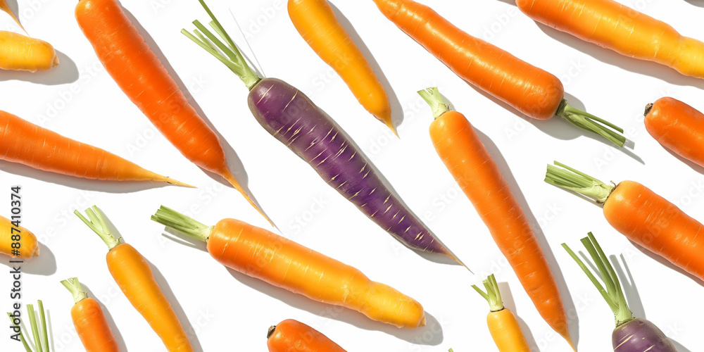 A background of carrots, each with its shadow, scattered across the canvas in an elegant display, with soft shadows on a white background