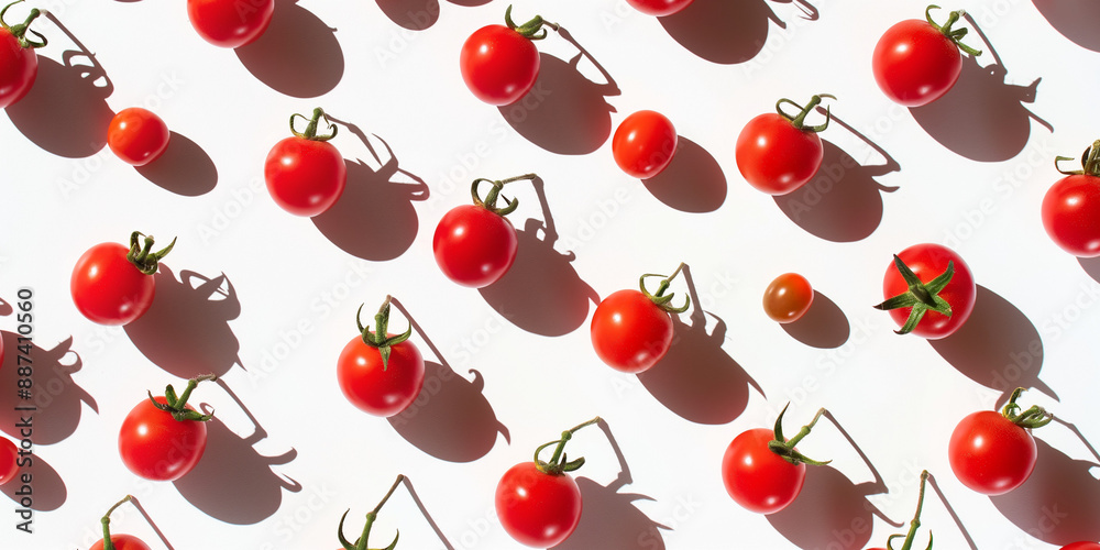 A background of cherry tomatoes, each with its shadow, scattered across the canvas in an elegant display, with soft shadows on a white background A background of cherry tomatoes, each with its shadow, scattered across the canvas in an elegant display, with soft shadows on a white background