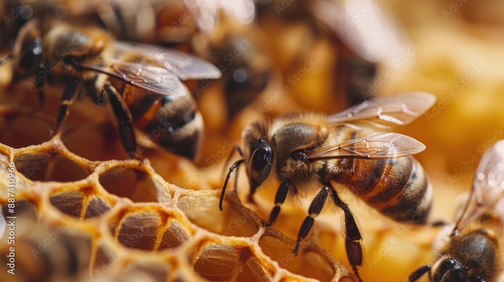 Honey bees at home at the hive with honey-filled honeycombs. A queen bee cup with royal jelly in the wax comb of the honey bee Apis mellifera Honey bees at home at the hive with honey-filled honeycombs. A queen bee cup with royal jelly in the wax comb of the honey bee Apis mellifera