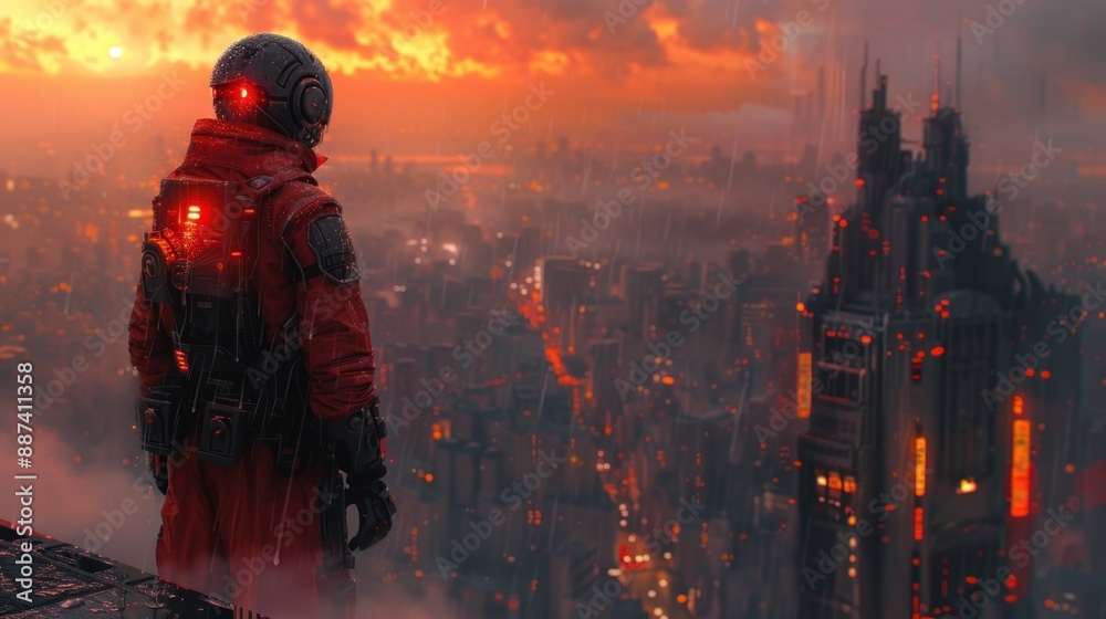 A lone figure looks out over a futuristic city during a rainy sunset A lone figure looks out over a futuristic city during a rainy sunset