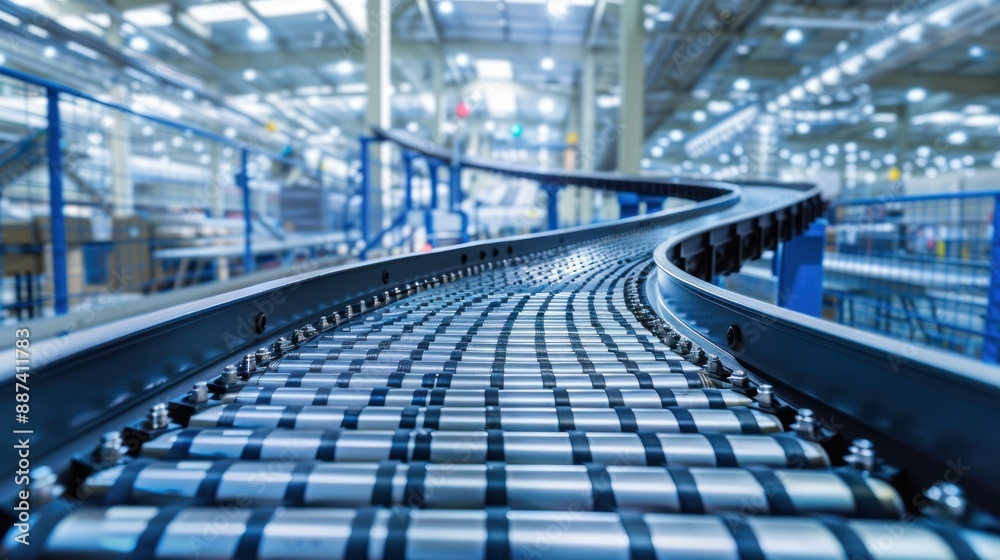 Fototapeta premium A series of conveyor belts moving products across the factory floor indicating the increased production and economic growth resulting from reshoring.