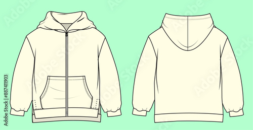 baby unisex terry fleece zip through hoodie fashion illustration flat sketch vector.