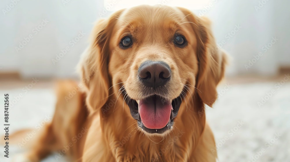 Golden Retriever sitting on a plush carpet, bright and cheerful room, Golden Retriever sitting on a plush carpet, bright and cheerful room,