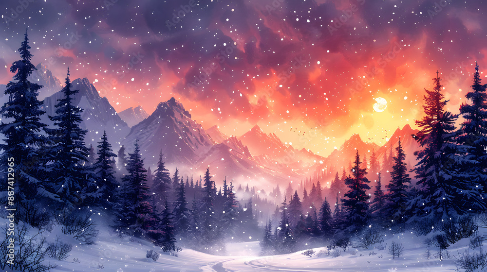 Stunning winter landscape with snow-covered trees and mountains at sunset, featuring a vibrant sky with falling snowflakes. Stunning winter landscape with snow-covered trees and mountains at sunset, featuring a vibrant sky with falling snowflakes.