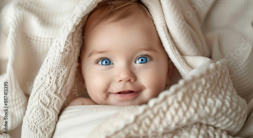 A cute baby with big blue eyes smiling and playfully peeking out from under the white blanket, creating an adorable scene of innocence and joy.