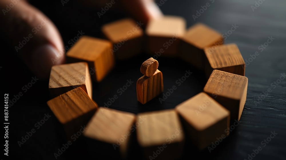Wooden blocks with person icons in a circular arrangement, representing teamwork and unity, high contrast, minimal design, Wooden blocks with person icons in a circular arrangement, representing teamwork and unity, high contrast, minimal design,