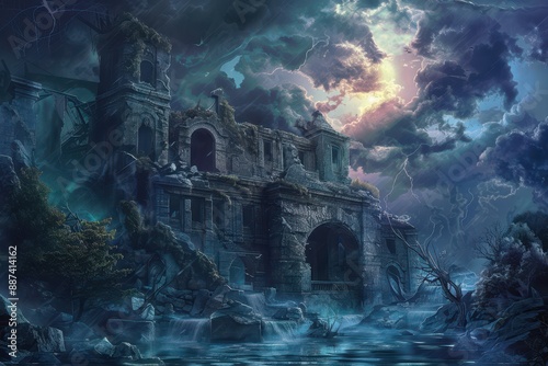 Ancient castle ruins stand amidst stormy waters and lightning strikes photo