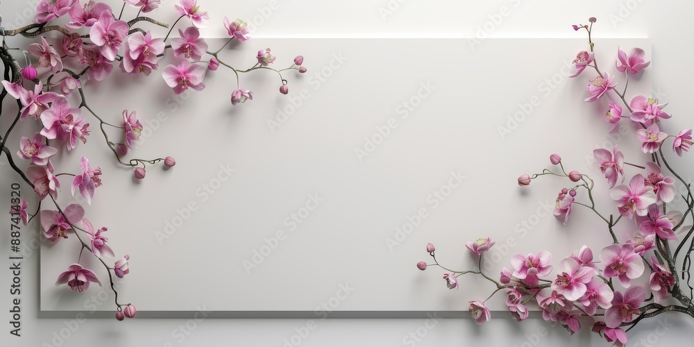 Orchids arranged on an empty acrylic sign board against a minimalist white studio backdrop Orchids arranged on an empty acrylic sign board against a minimalist white studio backdrop