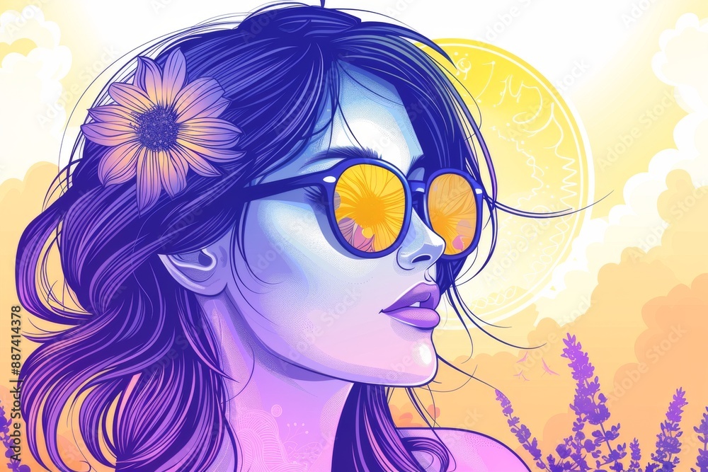 Stylish woman with sunglasses in a colorful and vibrant background representing modern fashion and coolness Stylish woman with sunglasses in a colorful and vibrant background representing modern fashion and coolness