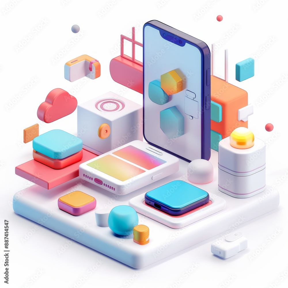 Obraz premium Abstract Futuristic 3D Render Minimalistic Style with Floating Geometric Shapes - Isometric Design, Light Color Theme, Bright Background, and Soft Lighting