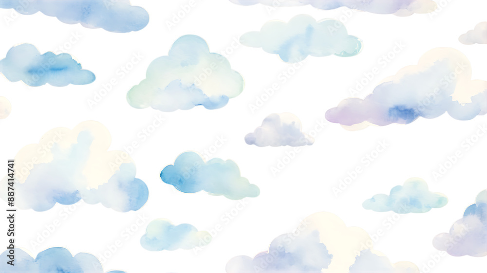 seamlesss pattern with cartoon clouds watercolor hand drawn illustration