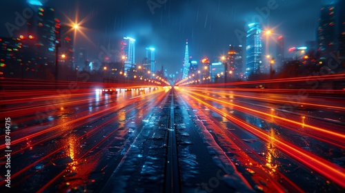 Cityscape Night with Rain and Light Trails