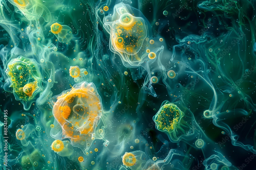 Phytoplankton Blooms: A high-resolution image of a phytoplankton bloom, showcasing the microscopic algae that form the base of the aquatic food web. Phytoplankton Blooms: A high-resolution image of a phytoplankton bloom, showcasing the microscopic algae that form the base of the aquatic food web.