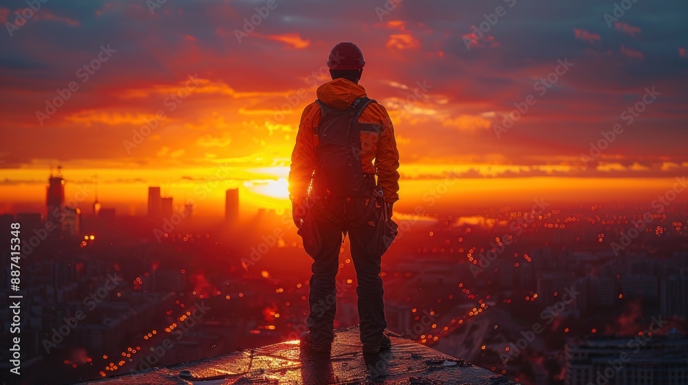 Fototapeta premium Man Watching Sunset Over Cityscape