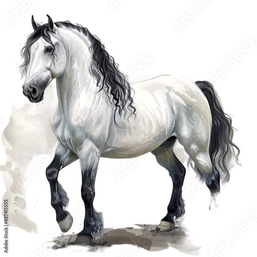 cute white and black horse on the white background. graphic for fabric, postcard, greeting card, book, poster, tee-shirt. Illustration, isolation objects