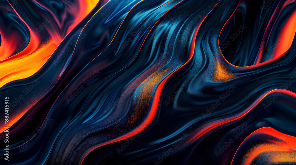 Dark blue orange red grainy texture background, abstract vibrant color wave shape black backdrop noisy wide banner header design Stock Illustration