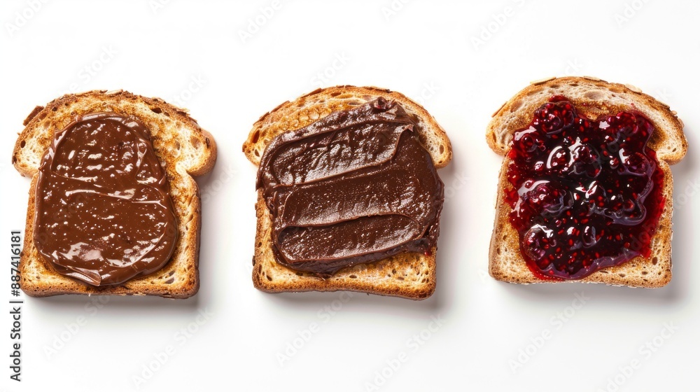 Three slices of golden toast topped with creamy peanut butter and sweet jelly, ready to be enjoyed for a delicious breakfast or snack Three slices of golden toast topped with creamy peanut butter and sweet jelly, ready to be enjoyed for a delicious breakfast or snack