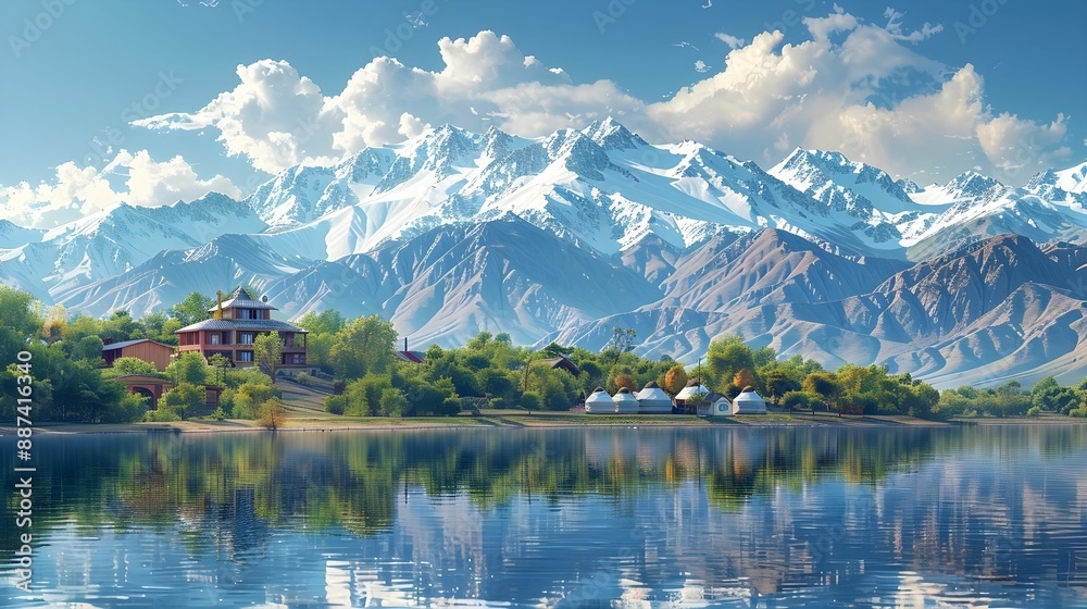 Fototapeta premium Lake Issyk-Kul surrounded by snow-capped mountains and yurts. 
