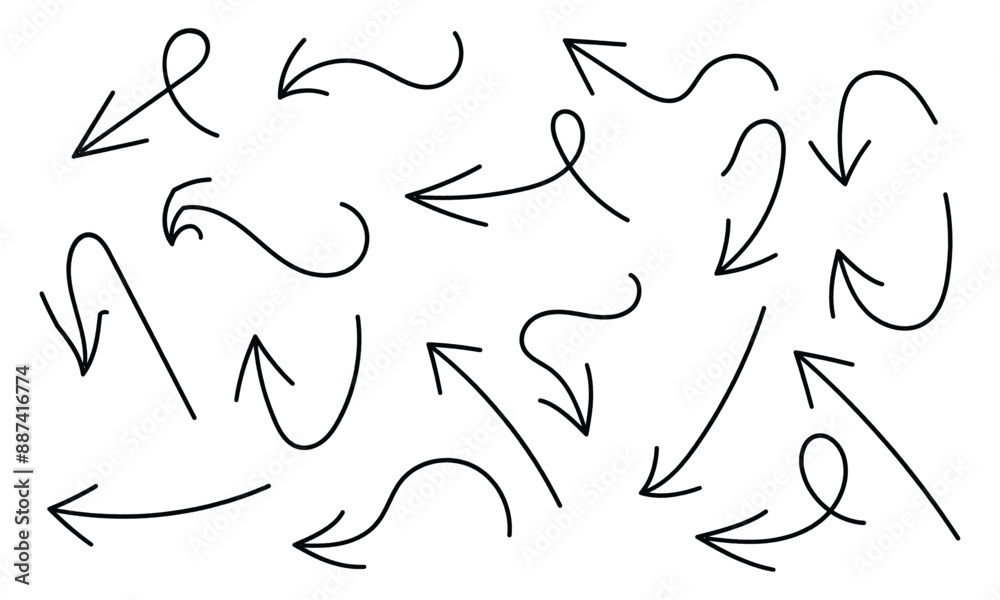 Fototapeta premium Set of black hand drawn grunge doodle spiral and curved charcoal, chalk arrows on white background. Scribble symbols of direction pointers, swirl arrow elements for infographic design in eps 10.