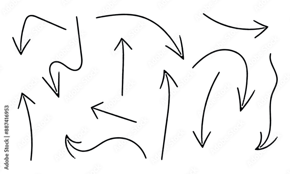 Set of black hand drawn grunge doodle spiral and curved charcoal, chalk arrows on white background. Scribble symbols of direction pointers, swirl arrow elements for infographic design in eps 10. Set of black hand drawn grunge doodle spiral and curved charcoal, chalk arrows on white background. Scribble symbols of direction pointers, swirl arrow elements for infographic design in eps 10.