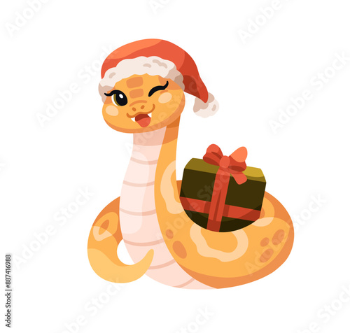 Cute funny snake in Santa hat. Happy Chinese New Year mascot with holiday gif...