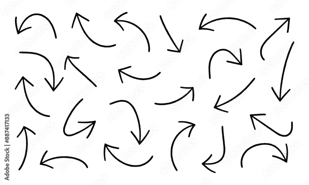 Doodle arrows set. Hand drown lines and curve scribbles. Vector scetch of abstract pointer in different shapes isolated on white background in eps 10. Doodle arrows set. Hand drown lines and curve scribbles. Vector scetch of abstract pointer in different shapes isolated on white background in eps 10.