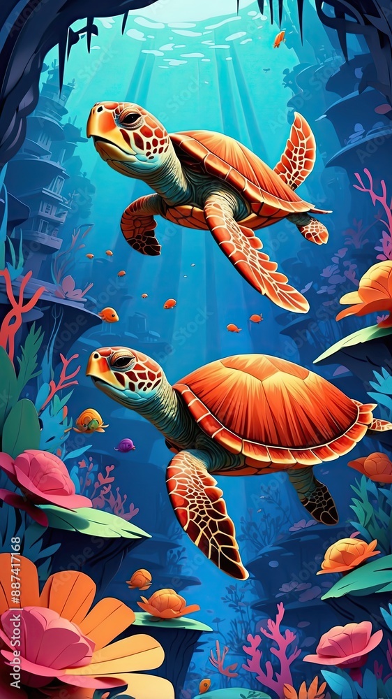 Fototapeta premium A mesmerizing paper-cut animation of the Turtle comes to life on the screen
