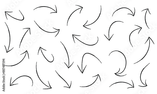 Doodle arrows set. Hand drown lines and curve scribbles. Vector scetch of abstract pointer in different shapes isolated on white background in eps 10.