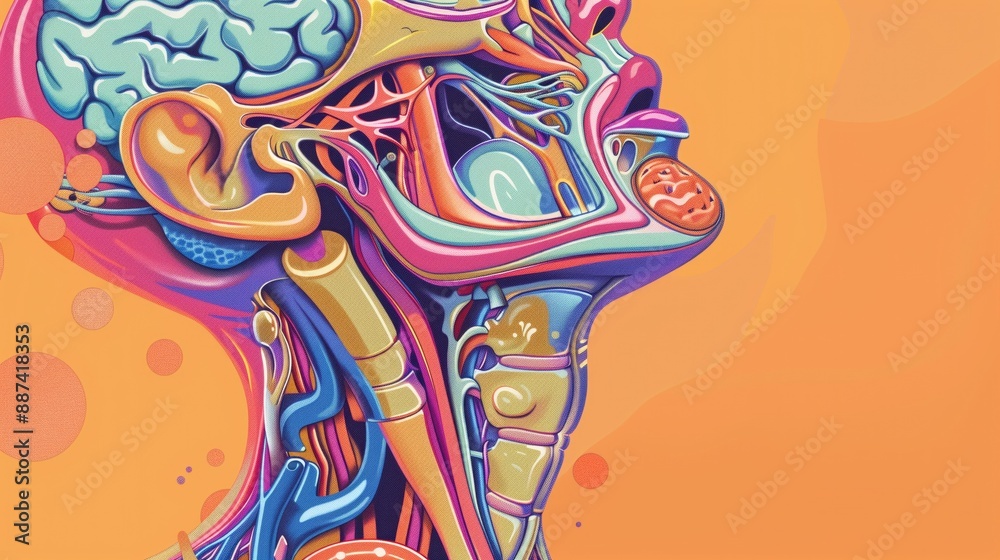 Colorful medical illustration of human anatomy side view with brain and ...