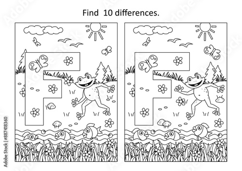 Letter F difference game and coloring page. F is for frog. F is for fish. F is for flowers.
