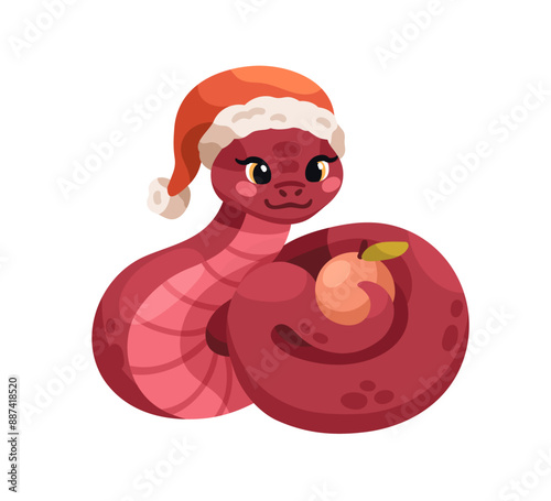 Cute snake with apple. Chinese New Year symbol. Funny kawaii animal mascot, 2...