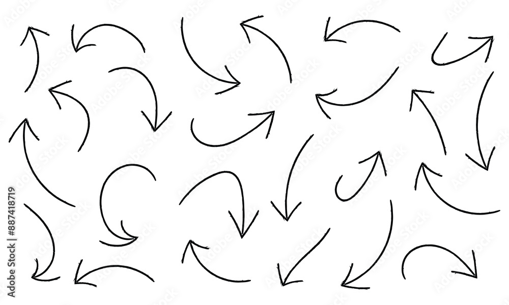 Doodle arrows set. Hand drown lines and curve scribbles. Vector scetch of abstract pointer in different shapes isolated on white background in eps 10.