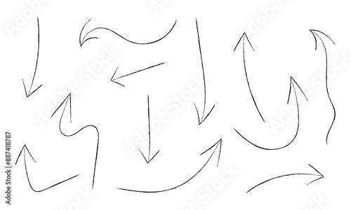 Doodle arrows set. Hand drown lines and curve scribbles. Vector scetch of abstract pointer in different shapes isolated on white background in eps 10.