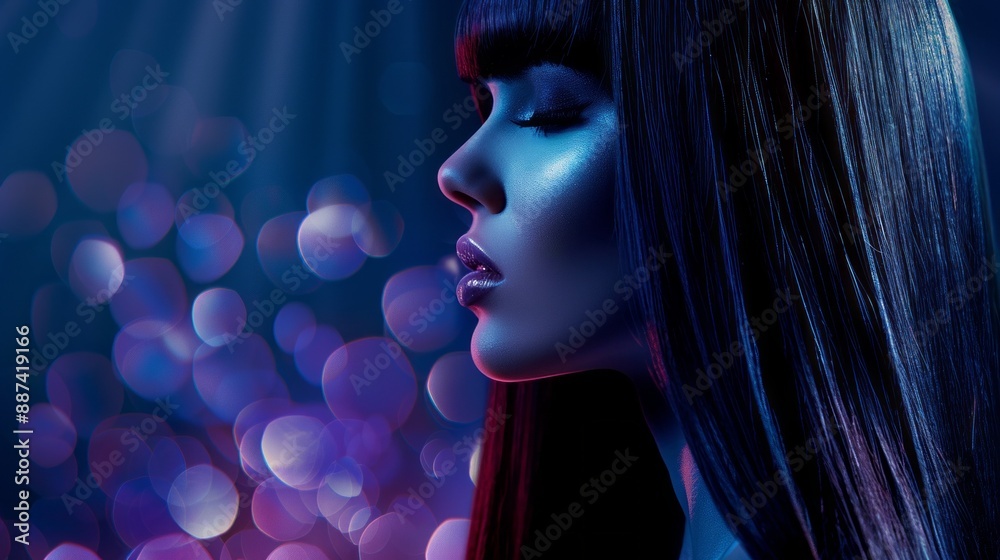 A woman with long, straight black hair stands in profile against a backdrop of blurred lights, her face illuminated by a striking blue and purple glow A woman with long, straight black hair stands in profile against a backdrop of blurred lights, her face illuminated by a striking blue and purple glow