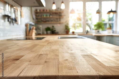 Empty wooden kitchen countertop in modern home with natural light. Copy space © firax