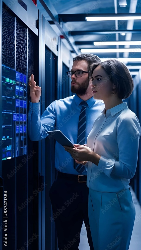 Fototapeta premium IT Professionals Analyzing Data on Digital Interface in Server Room