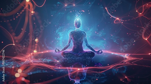 Futuristic meditating figure with neon energy loops