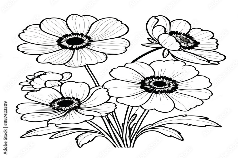 Naklejka premium simple picture of black and white anemone bunch of flowers, black hair, on a white clear solid background, no color