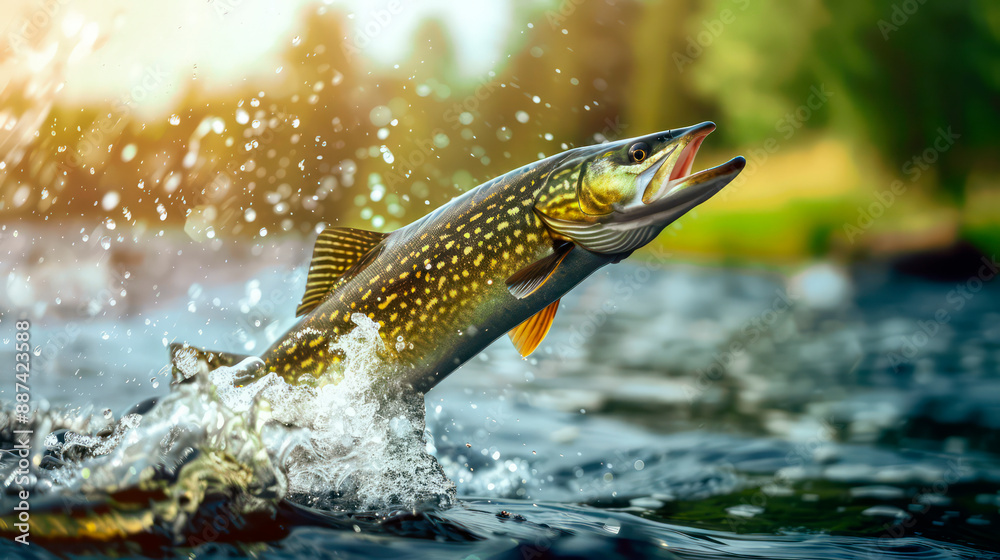 Nature's leap: fish jumps over the river to catch an insect. Close-up of a fish jumping from the surface of the water in a lake with water splashing. Nature's leap: fish jumps over the river to catch an insect. Close-up of a fish jumping from the surface of the water in a lake with water splashing.
